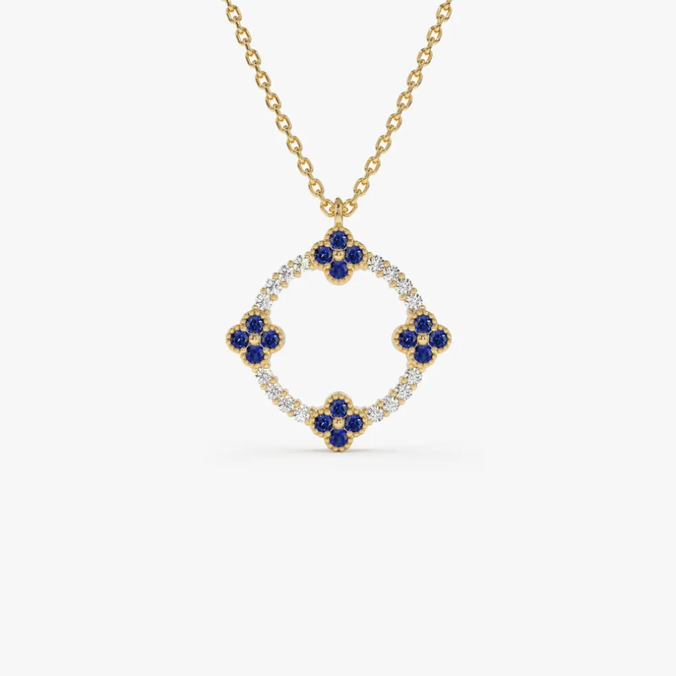 14k Diamond and Sapphire Clover Necklace