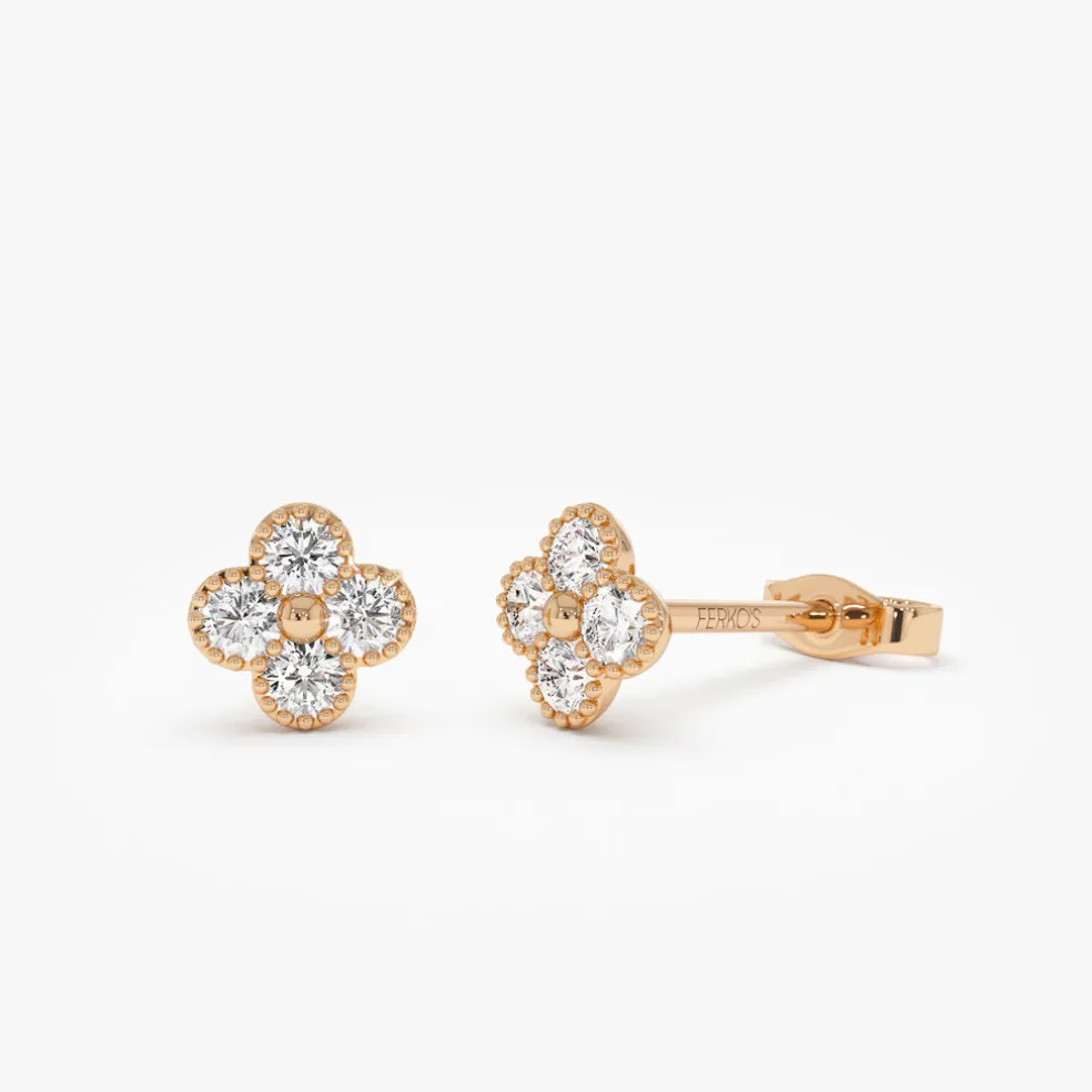 14k Diamond Clover Beaded Studs