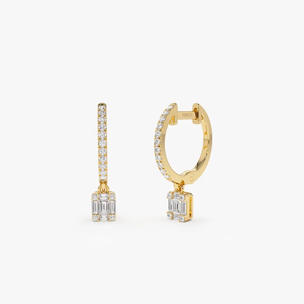 14k Diamond Huggie Earrings with Dangling Illusion Set Baguette Diamonds