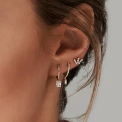 14k Diamond Huggie Earrings with Dangling Illusion Set Baguette Diamonds