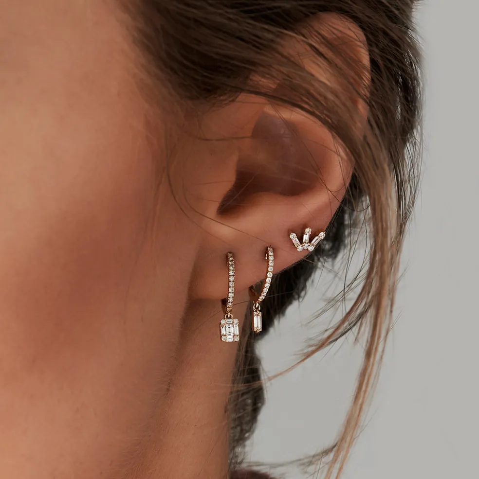 14k Diamond Huggie Earrings with Dangling Illusion Set Baguette Diamonds