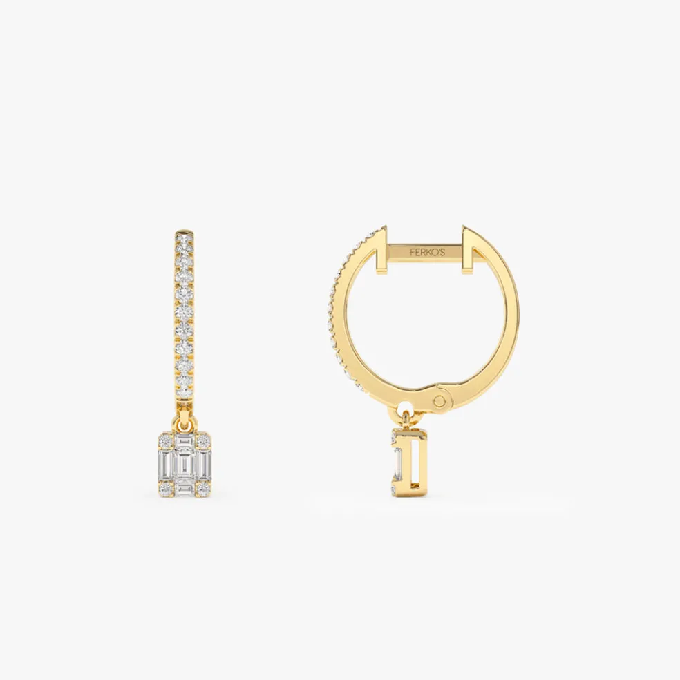 14k Diamond Huggie Earrings with Dangling Illusion Set Baguette Diamonds
