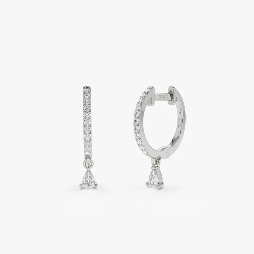 14k Diamond Huggies with a Dangling Pear Shape Diamond