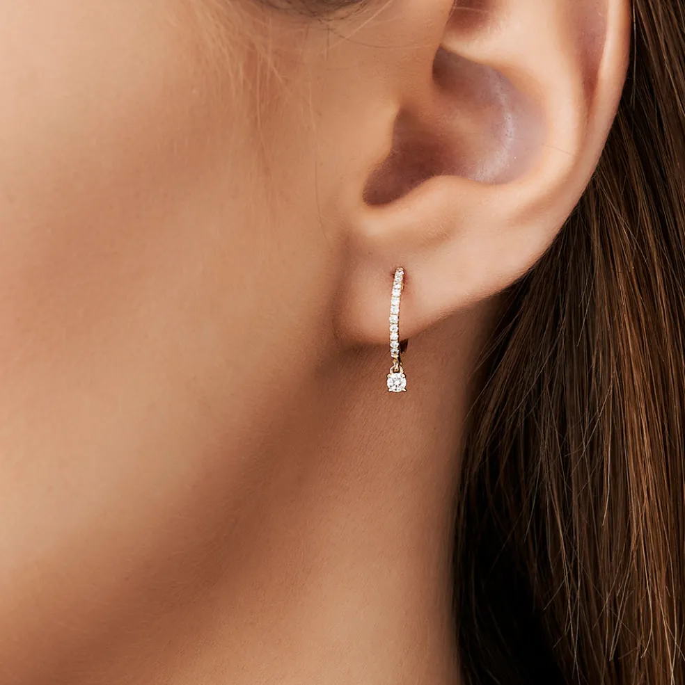 14k Diamond Huggies with a Dangling Round Diamond