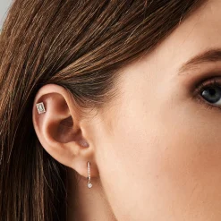 14k Diamond Huggies with a Dangling Round Diamond