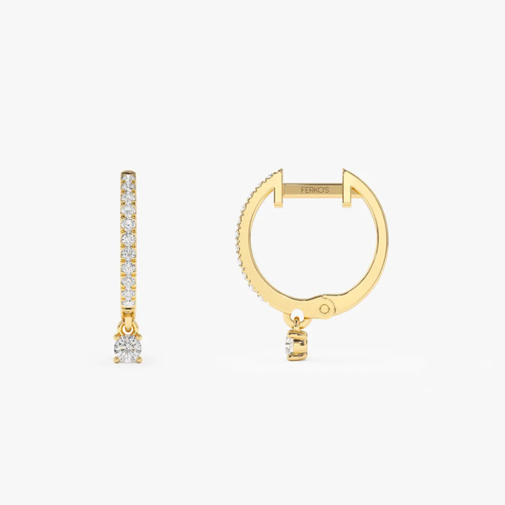 14k Diamond Huggies with a Dangling Round Diamond