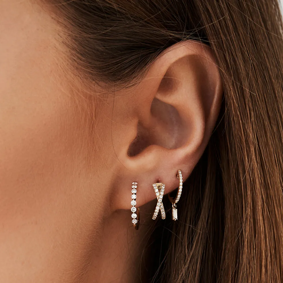 14k Diamond Huggies with a Dangling Baguette Diamond