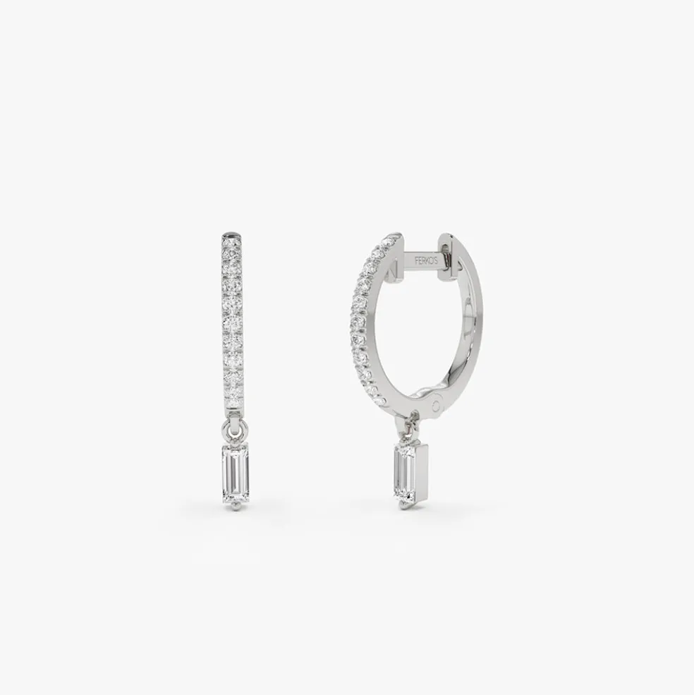 14k Diamond Huggies with a Dangling Baguette Diamond