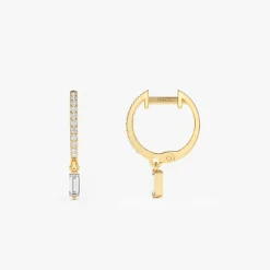 14k Diamond Huggies with a Dangling Baguette Diamond
