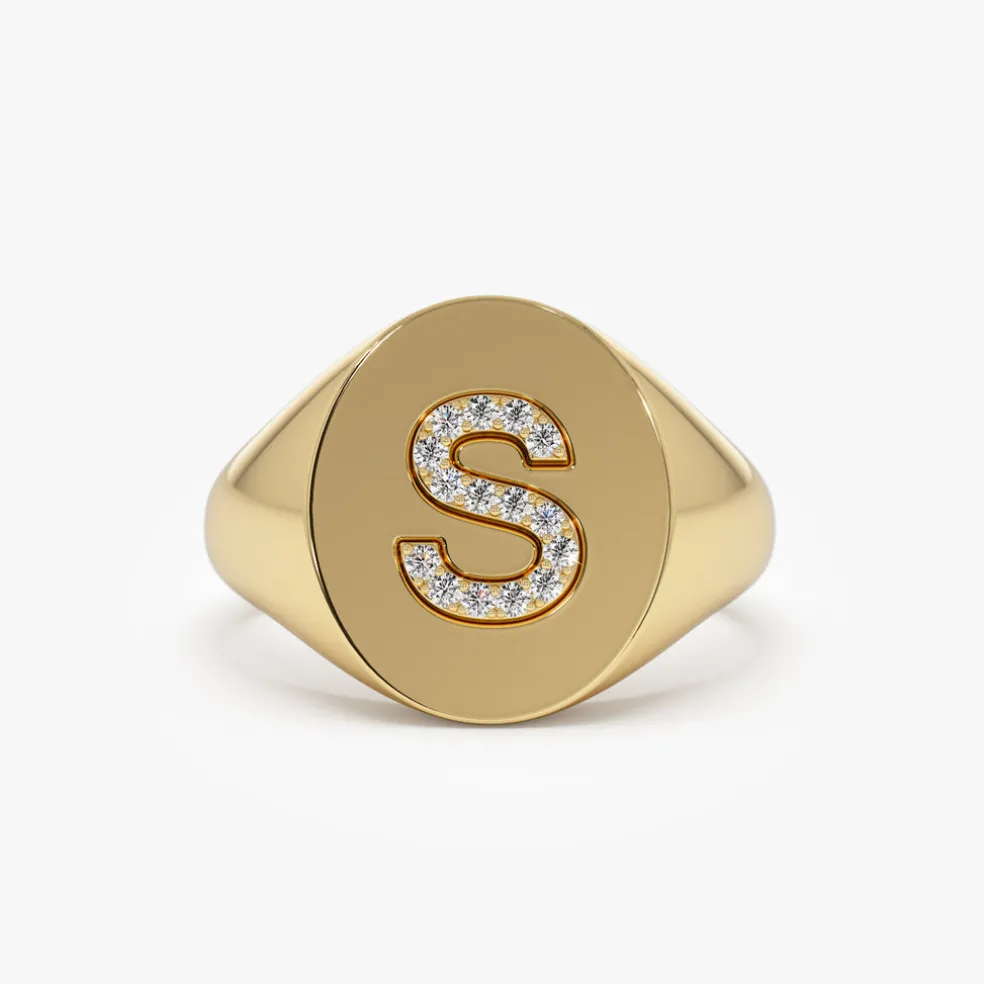 14K Diamond Letter Signet Ring
