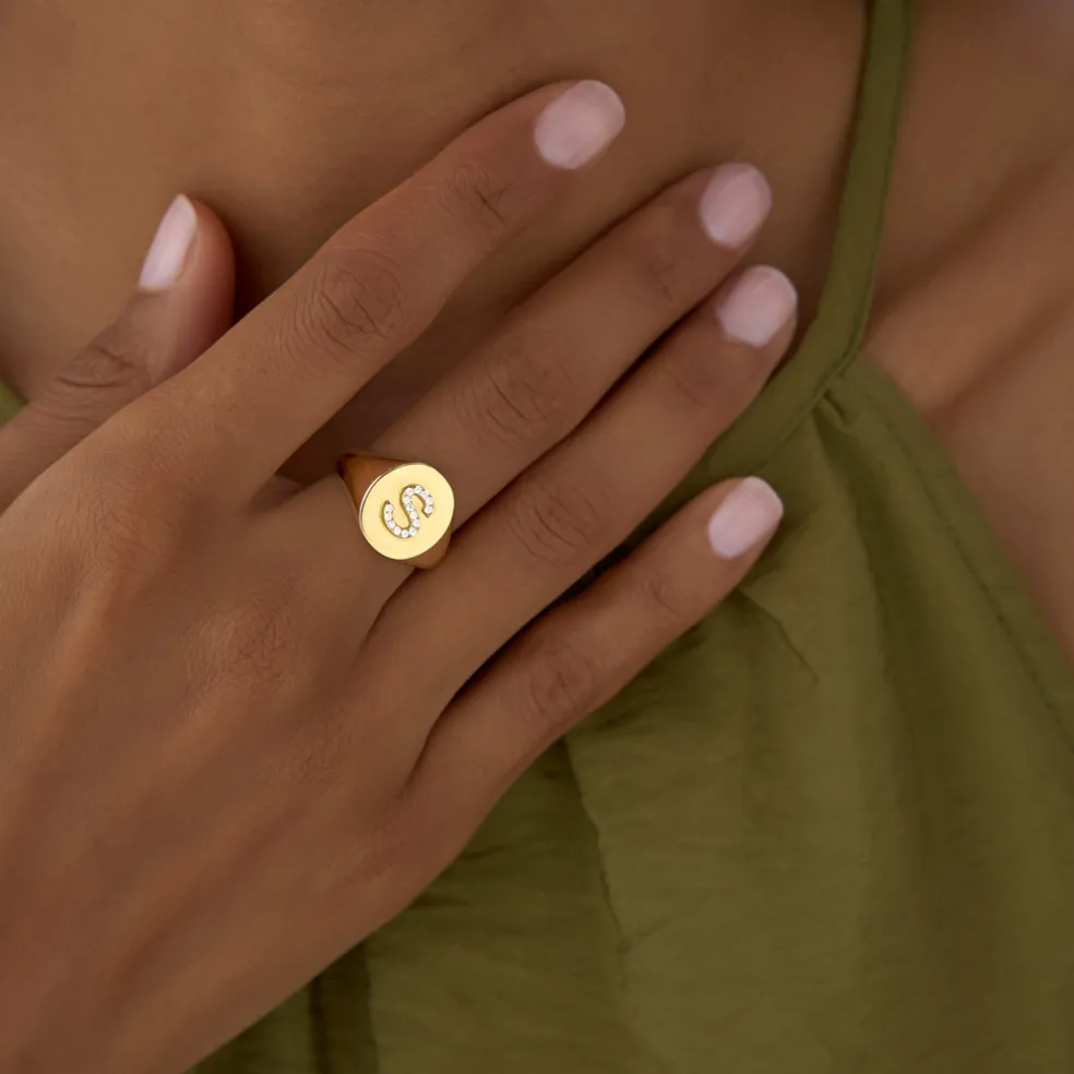 14K Diamond Letter Signet Ring