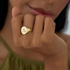 14K Diamond Letter Signet Ring