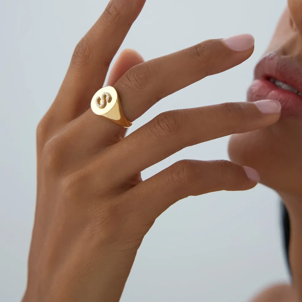 14K Diamond Letter Signet Ring