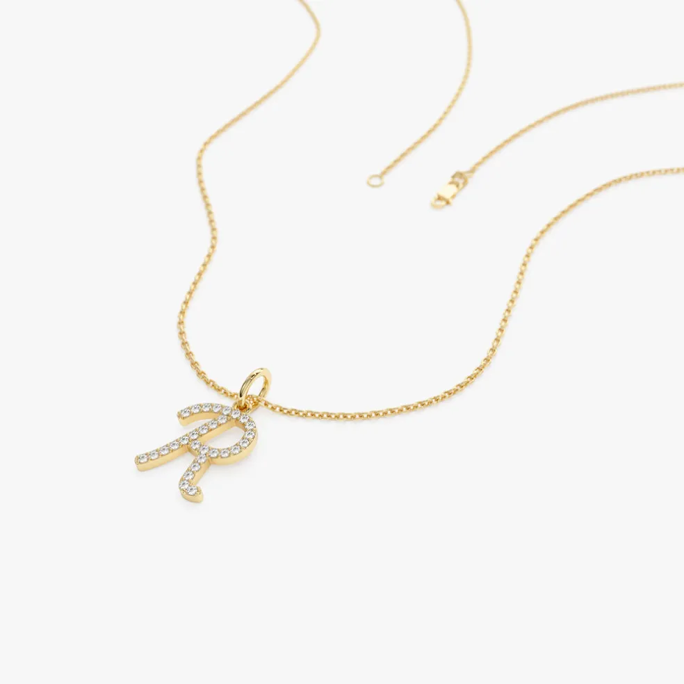 14k Diamond Script Initial Necklace