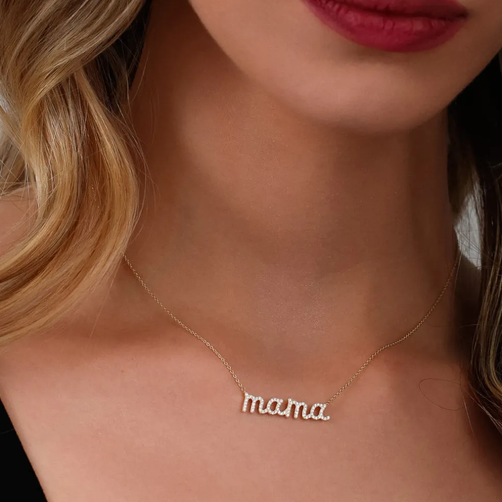 14k Diamond Script Mama Necklace