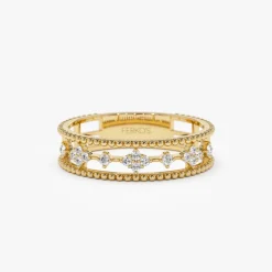 14k Diamond Statement Ring with Beaded Band