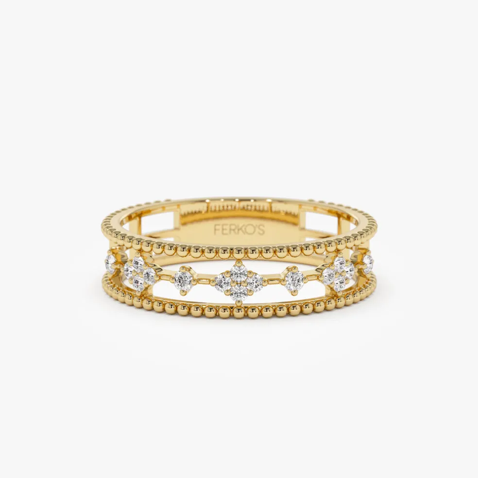 14k Diamond Statement Ring with Beaded Band