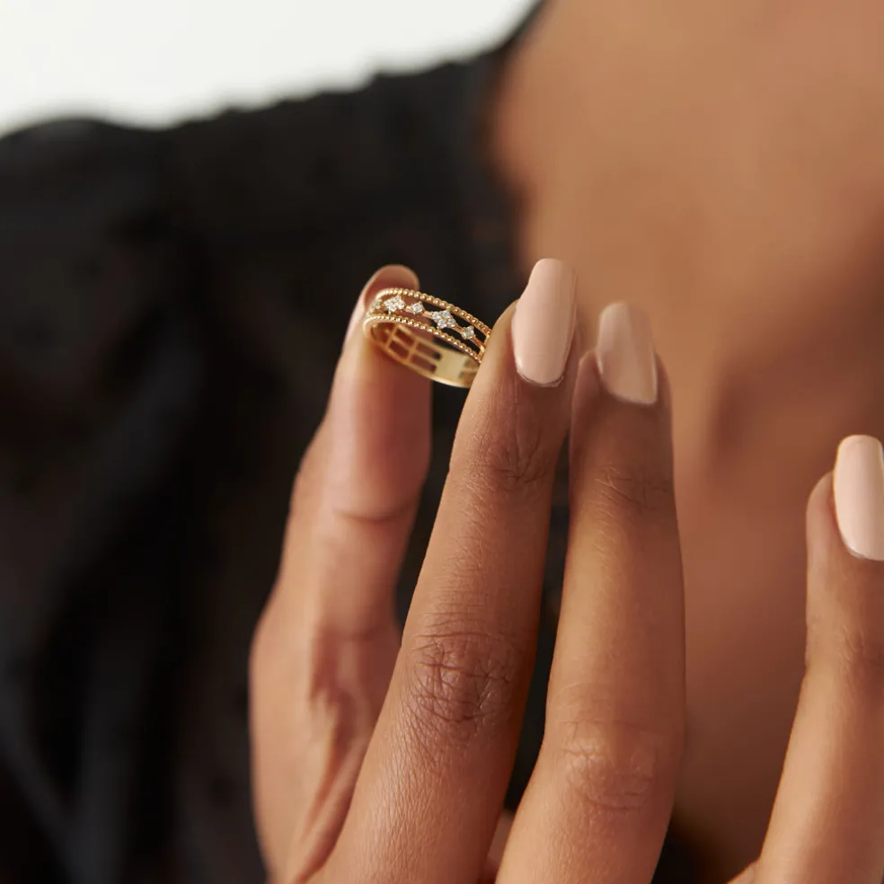 14k Diamond Statement Ring with Beaded Band