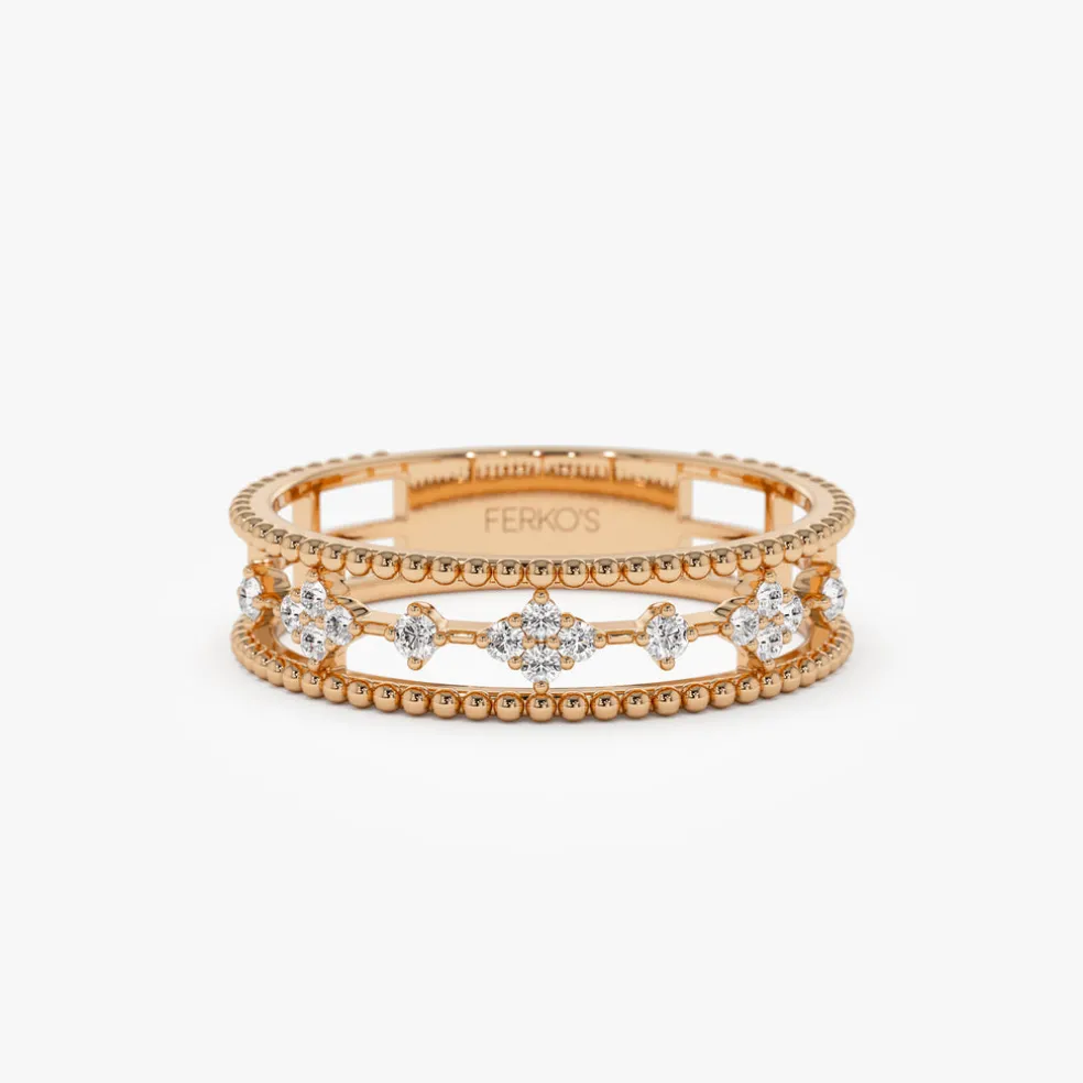 14k Diamond Statement Ring with Beaded Band