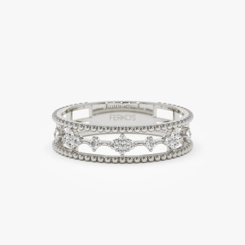 14k Diamond Statement Ring with Beaded Band