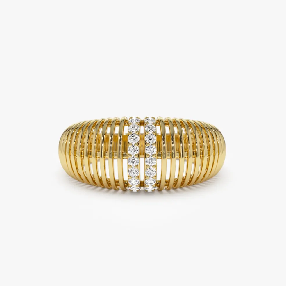 14K Diamond-Encrusted Ribbed Dome Statement Ring
