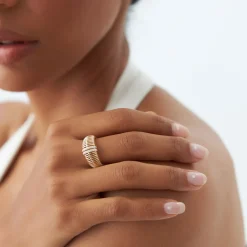 14K Diamond-Encrusted Ribbed Dome Statement Ring