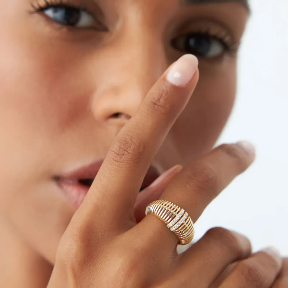 14K Diamond-Encrusted Ribbed Dome Statement Ring
