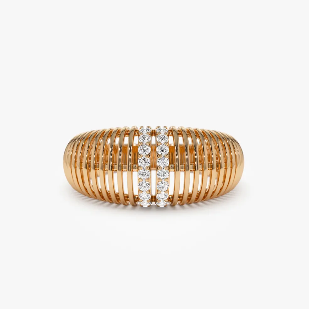 14K Diamond-Encrusted Ribbed Dome Statement Ring