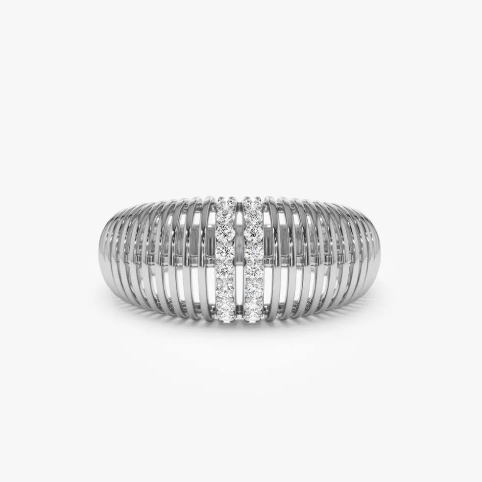 14K Diamond-Encrusted Ribbed Dome Statement Ring