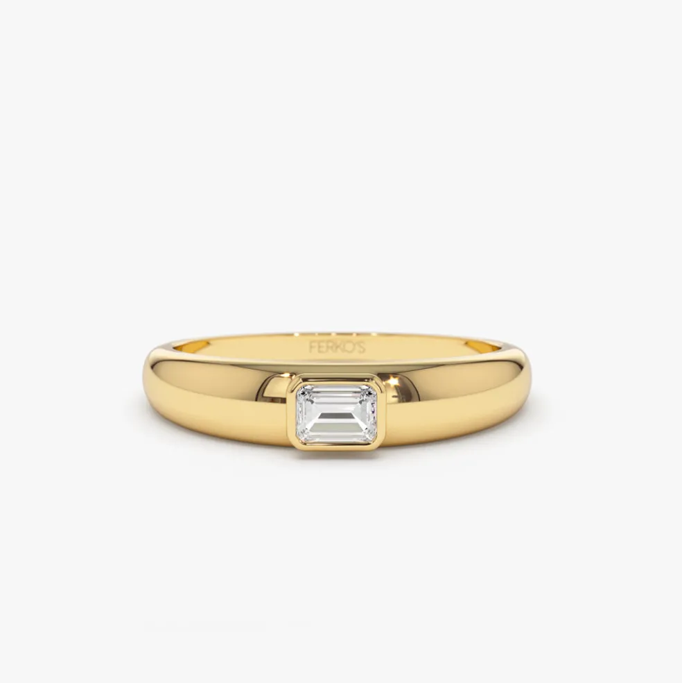 14k Dome Bezel Setting Emerald Cut Diamond Solitaire Ring