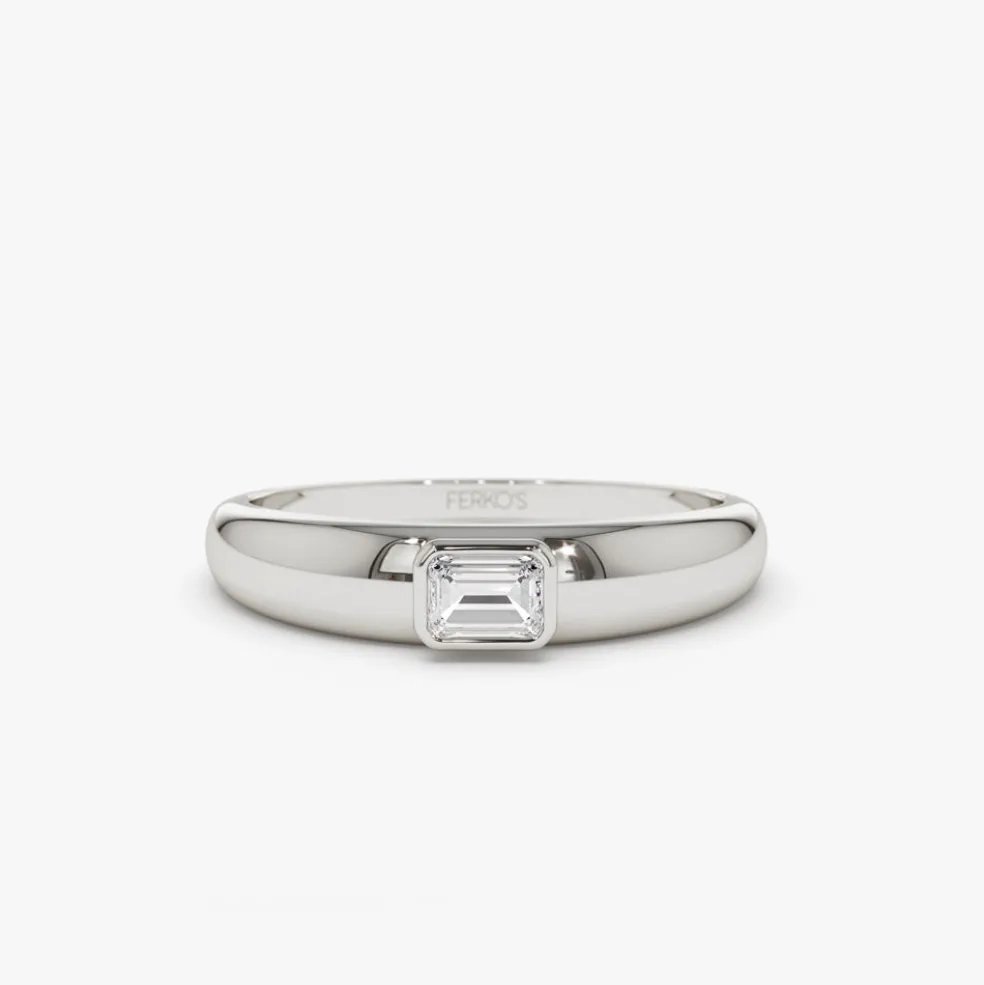 14k Dome Bezel Setting Emerald Cut Diamond Solitaire Ring