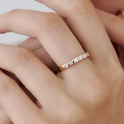 14k Double Baguette and Round Diamond Wedding Ring