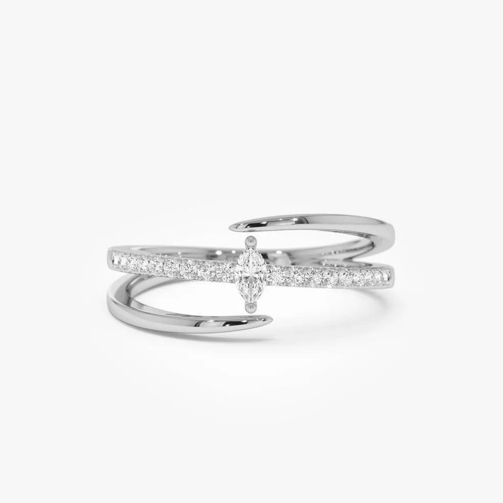 14K Double Band Marquise Diamond Ring with Pavé Accents