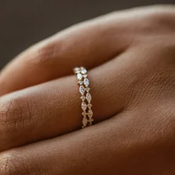 14k Double Row Alternating Marquise Round Diamond Ring