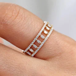 14k Double Row Micro Pave Diamond Ring with Baguette Diamond