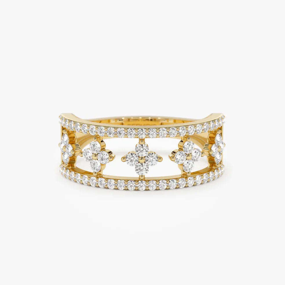 14k Double Row Pave Diamond Ring w/ Diamond Cluster Accents