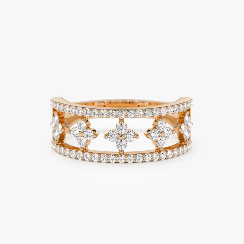 14k Double Row Pave Diamond Ring w/ Diamond Cluster Accents