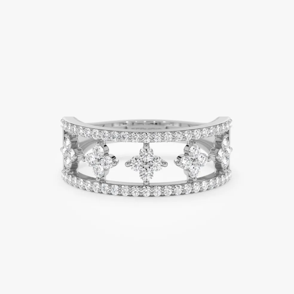 14k Double Row Pave Diamond Ring w/ Diamond Cluster Accents