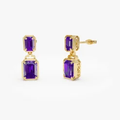 14K Emerald Amethyst Dangle Drop Earrings
