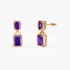14K Emerald Amethyst Dangle Drop Earrings
