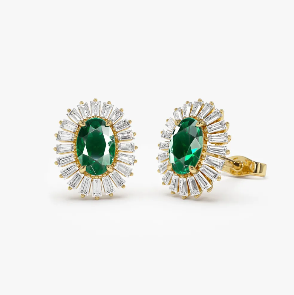 14k Emerald and Baguette Diamond Ballerina Stud Earrings