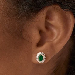 14k Emerald and Baguette Diamond Ballerina Stud Earrings