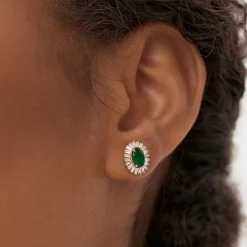 14k Emerald and Baguette Diamond Ballerina Stud Earrings