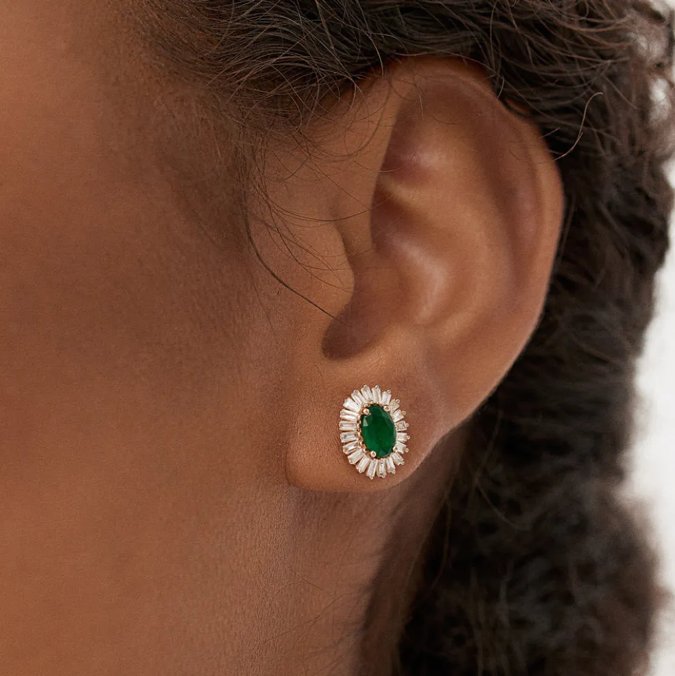 14k Emerald and Baguette Diamond Ballerina Stud Earrings