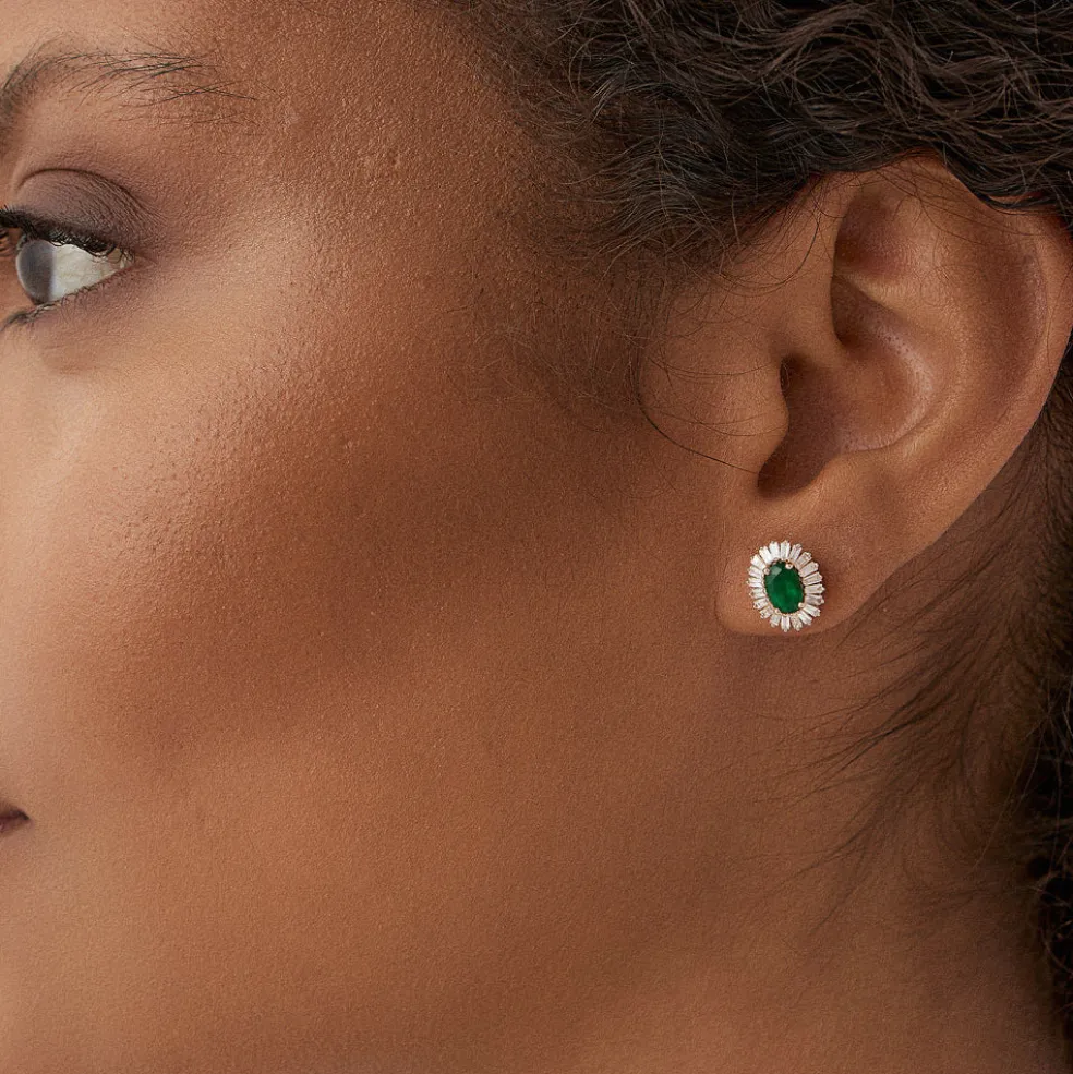 14k Emerald and Baguette Diamond Ballerina Stud Earrings