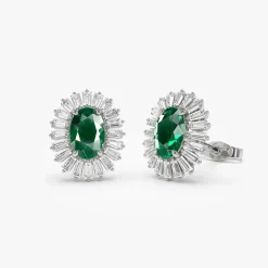 14k Emerald and Baguette Diamond Ballerina Stud Earrings