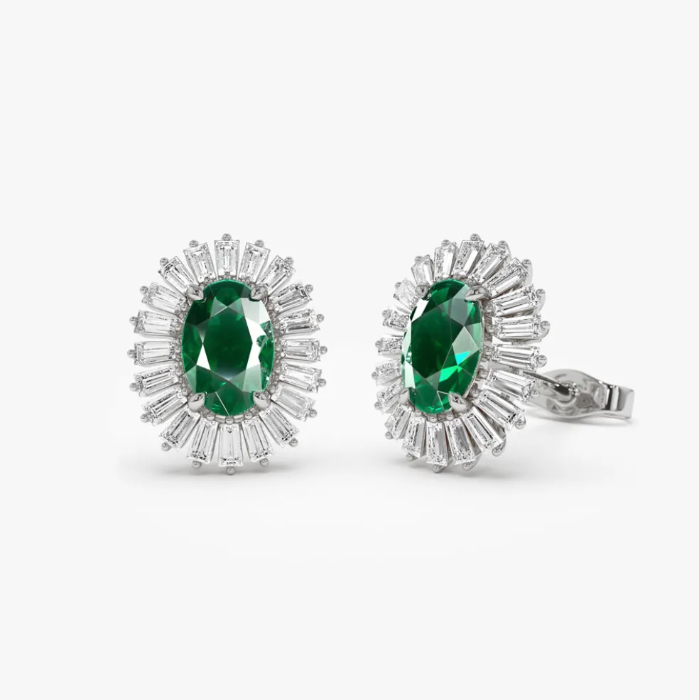 14k Emerald and Baguette Diamond Ballerina Stud Earrings