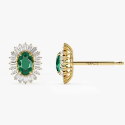 14k Emerald and Baguette Diamond Ballerina Stud Earrings