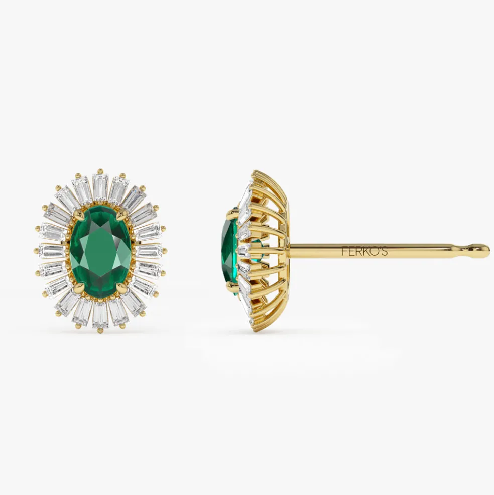 14k Emerald and Baguette Diamond Ballerina Stud Earrings