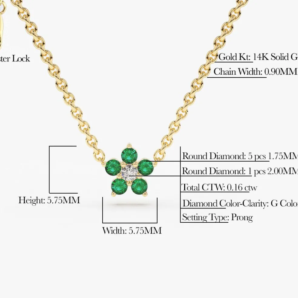 14K Emerald and Diamond Flower Charm Necklace